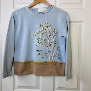 Vintage Rare Liz Claiborne Sweater Cottage Embroidered Birch Knit 100% Cotton